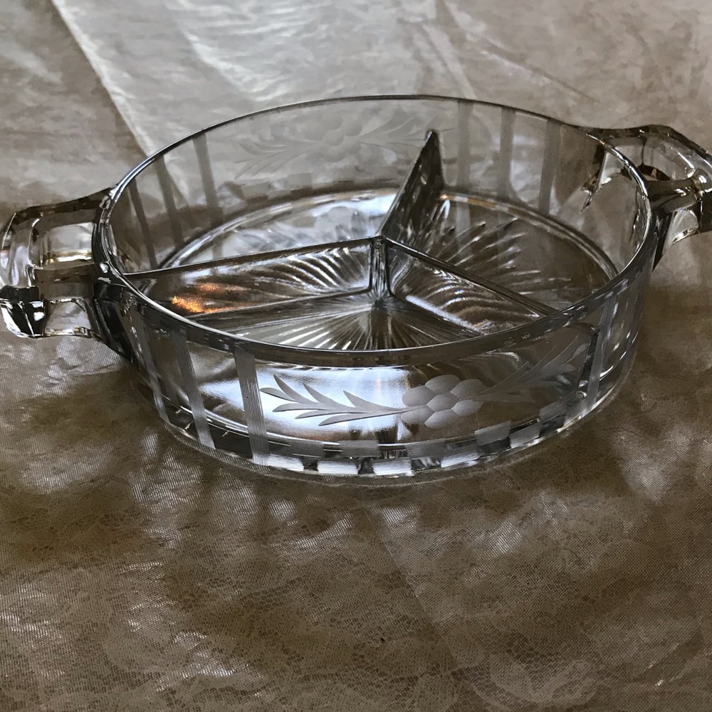 Vintage etched depression glass divided bowl